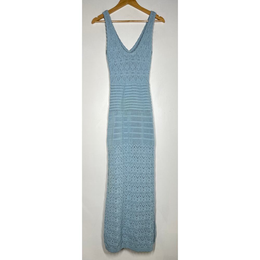 Ronny Kobo Crochet Knit Tank Dress Sleeveless V-Neck Maxi Column Blue Medium - Picture 5 of 13